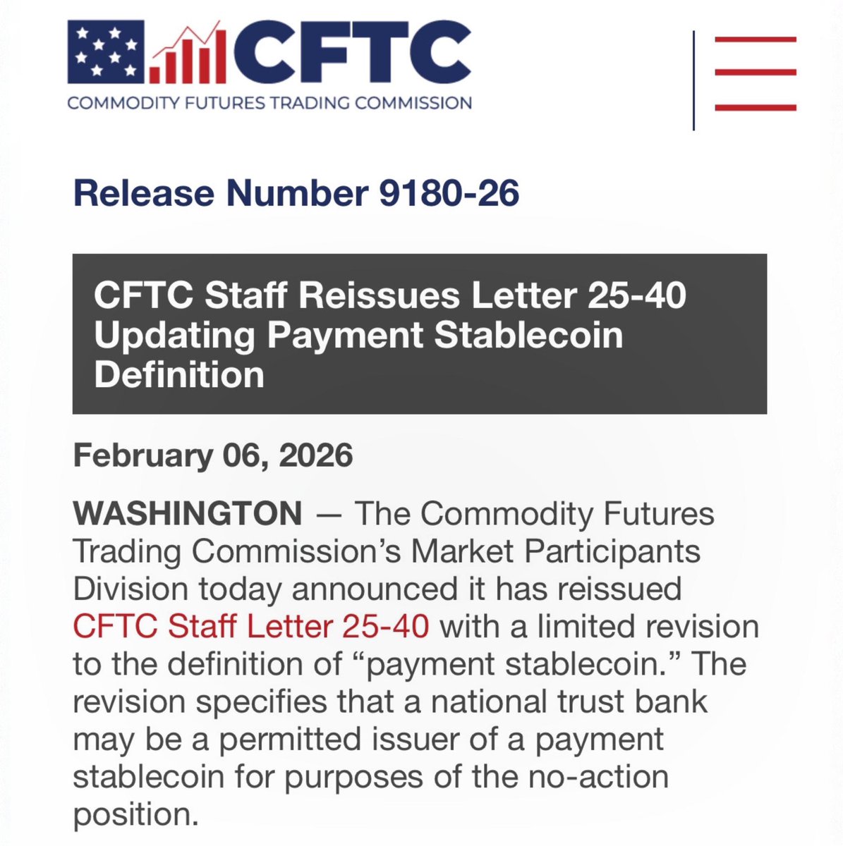 🚨BREAKING: “AMERICA IS THE GLOBAL LEADER IN STABLECOINS” — CFTC Approves Bank-Issued Stablecoins As Collateral 🇺🇸🔥

The <a href="/CFTC/">CFTC</a> just officially expanded its eligible collateral framework to include stablecoins issued by national trust banks — meaning regulated bank stablecoins
