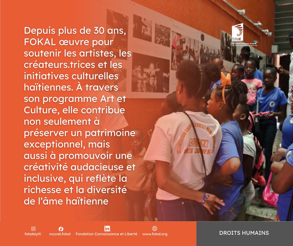 FOKAL_Ayiti's tweet image. Depuis plus de 30 ans, #FOKAL soutient les artistes, les créateurs &amp;amp; les initiatives culturelles en Haïti.
À travers son programme Art &amp;amp; Culture, la Fondation accompagne la #création, la #diversité des expressions &amp;amp; la transmission des #héritages culturels.

#Haiti #ArtEtCulture