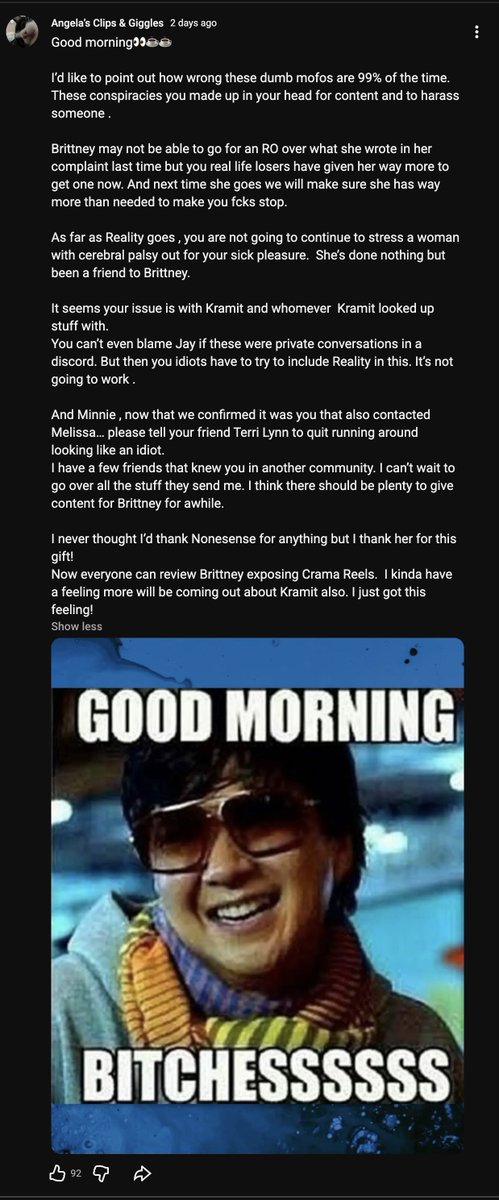 Angela Clips and Giggles you have no idea how happy it makes me when you put these RO threats into writing.🤣

There’s already a trail of <a href="/AllegedlyB87/">Allegedly w/ Brittney J</a> committing perjury to attempt this twice before once in NC once in Pennsylvania.  I’ve already put every single stream(deleted