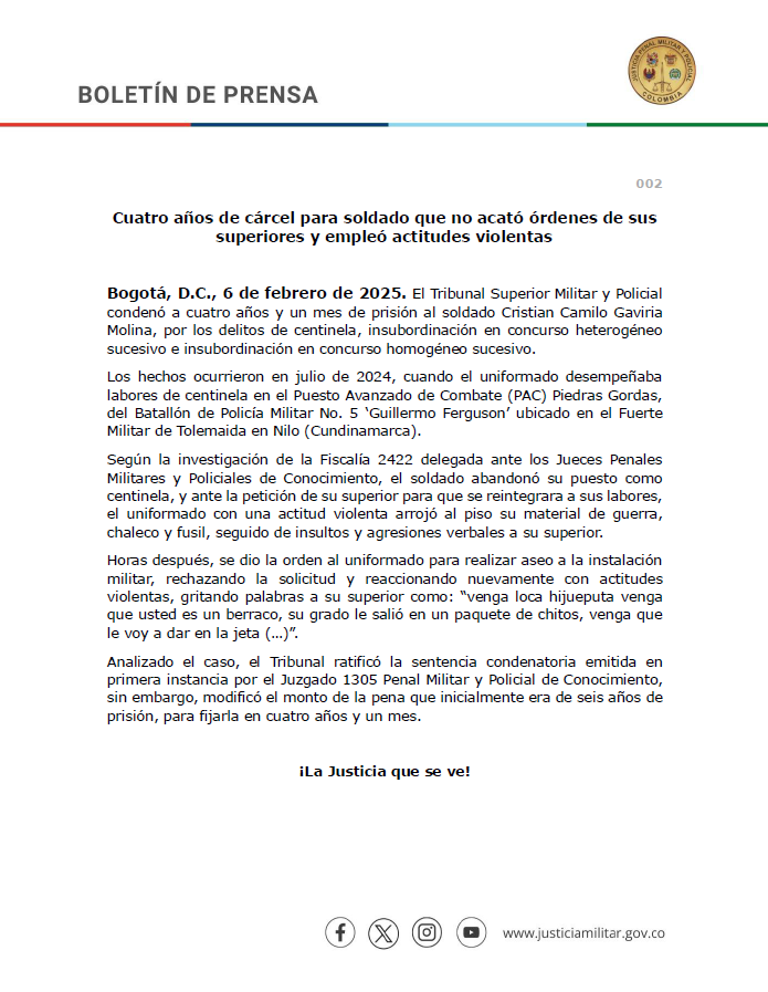 📢Cuatro años de cárcel para soldado que no acató órdenes de sus superiores y empleó actitudes violentas #Lajusticiaqueseve