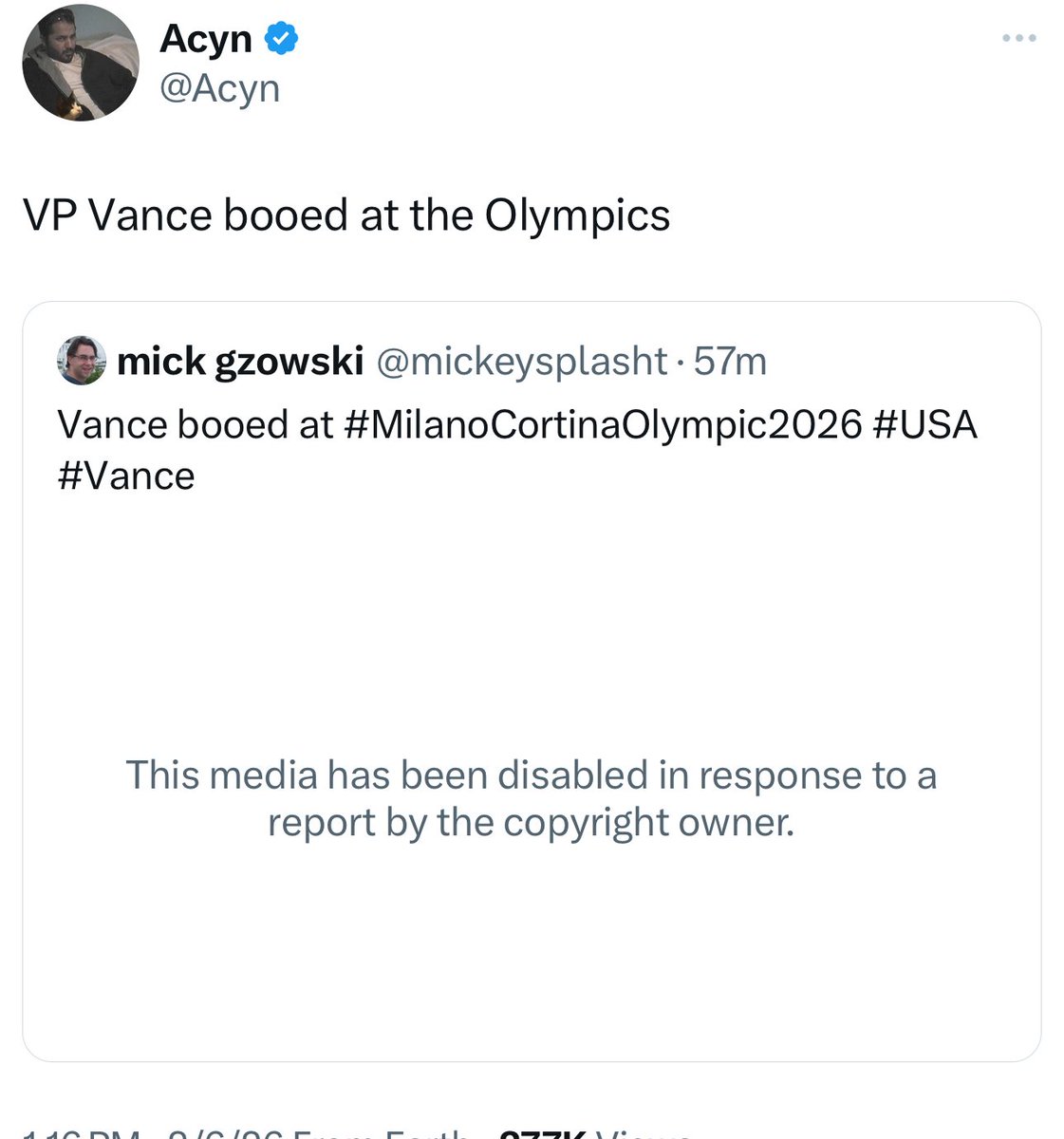Acyn's tweet image. No one should have a copyright on Vance being booed. It belongs to the world