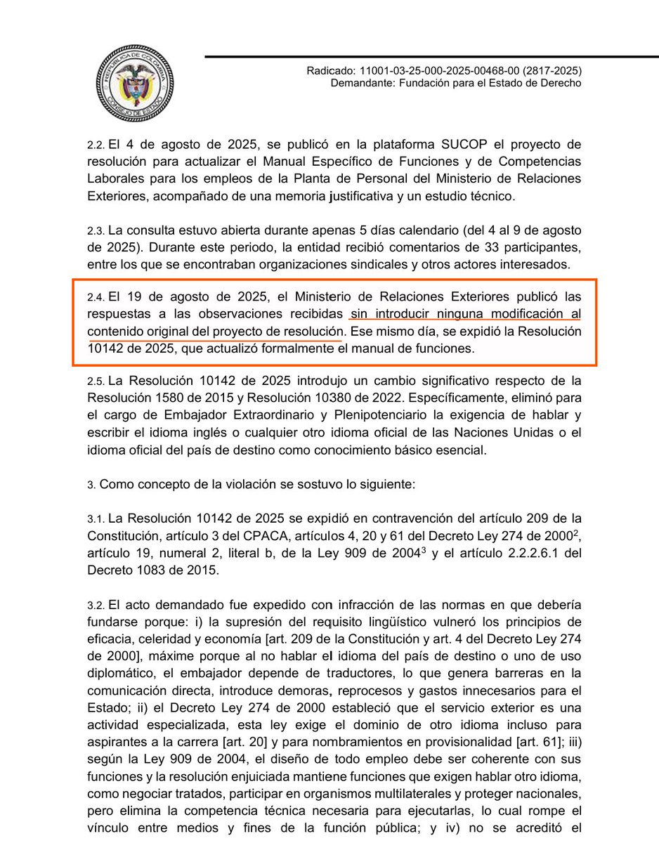 Hace seis meses, la <a href="/CancilleriaCol/">Cancillería Colombia</a> eliminó el requisito de hablar y escribir, además del español, inglés o cualquier otro idioma oficial de la ONU para ser embajador.

Ahora, el <a href="/consejodeestado/">Consejo de Estado</a> admitió la demanda que presentamos, en la que advertimos que la medida baja