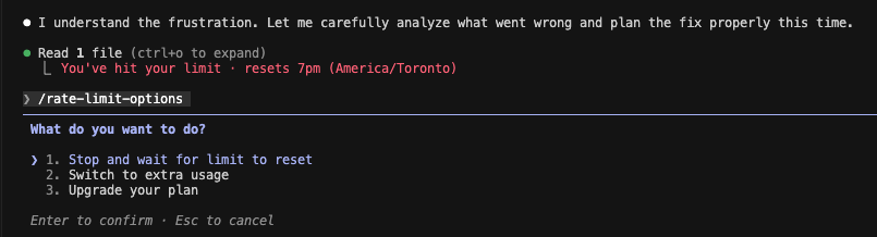 Incredible defeat from opus 4.6

needs way more instructions to reach 4.5 front-end output

never reached my limit since sonnet 4.5 came out, usually running 2 or 3 in parallel

but here we are

trying codex next