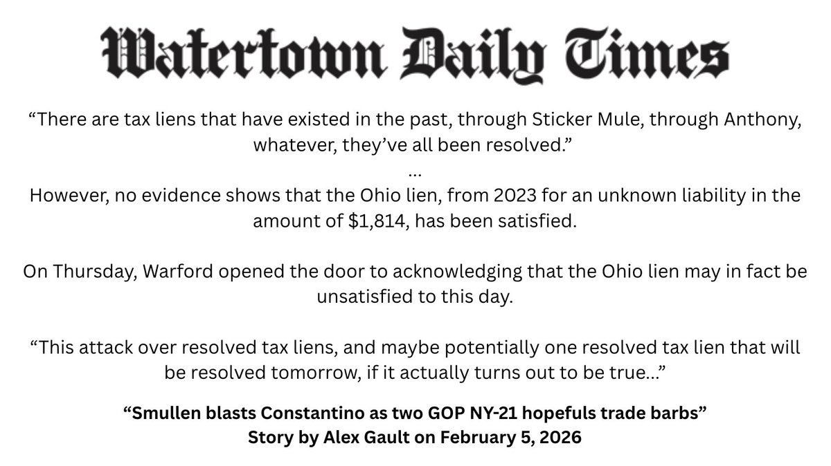 SmullenNewYork's tweet photo. It should be a surprise to no one that Anthony Constantino is accusing me of lying about his tax record — even sending me a cease and desist. This is typical of him. 

Unfortunately for him, I won’t be intimidated and the facts are clearly on our side. Look no further than his team's own admission in a recent news article. 

This race is not about tax liens, it never has been — it’s about Anthony Constantino lying to you about his prior unpaid taxes. If he is lying to you about this, what else is he lying to you about? #ny21
https://t.co/xTGMW8xpVy