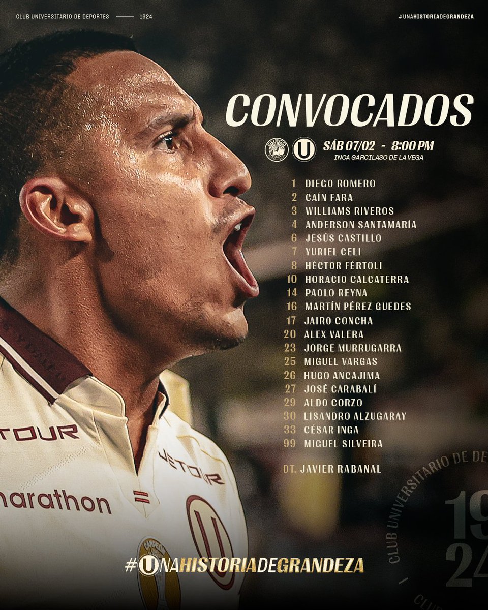 𝗟𝗜𝗦𝗧𝗔 𝗢𝗙𝗜𝗖𝗜𝗔𝗟 📋

Estos son nuestros convocados para enfrentar a <a href="/CuscoFC_2009/">Cusco FC</a> por la fecha 2 del Apertura 2026.

#UnaHistoriaDeGrandeza