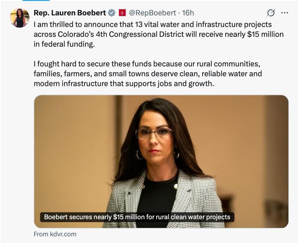 Lauren Boebert is at it again: taking credit for things she voted against and lying to the people she's supposed to fight for and represent. She voted against some of these critical investments for eastern Colorado, yet she's lying about it and hoping we don't notice.