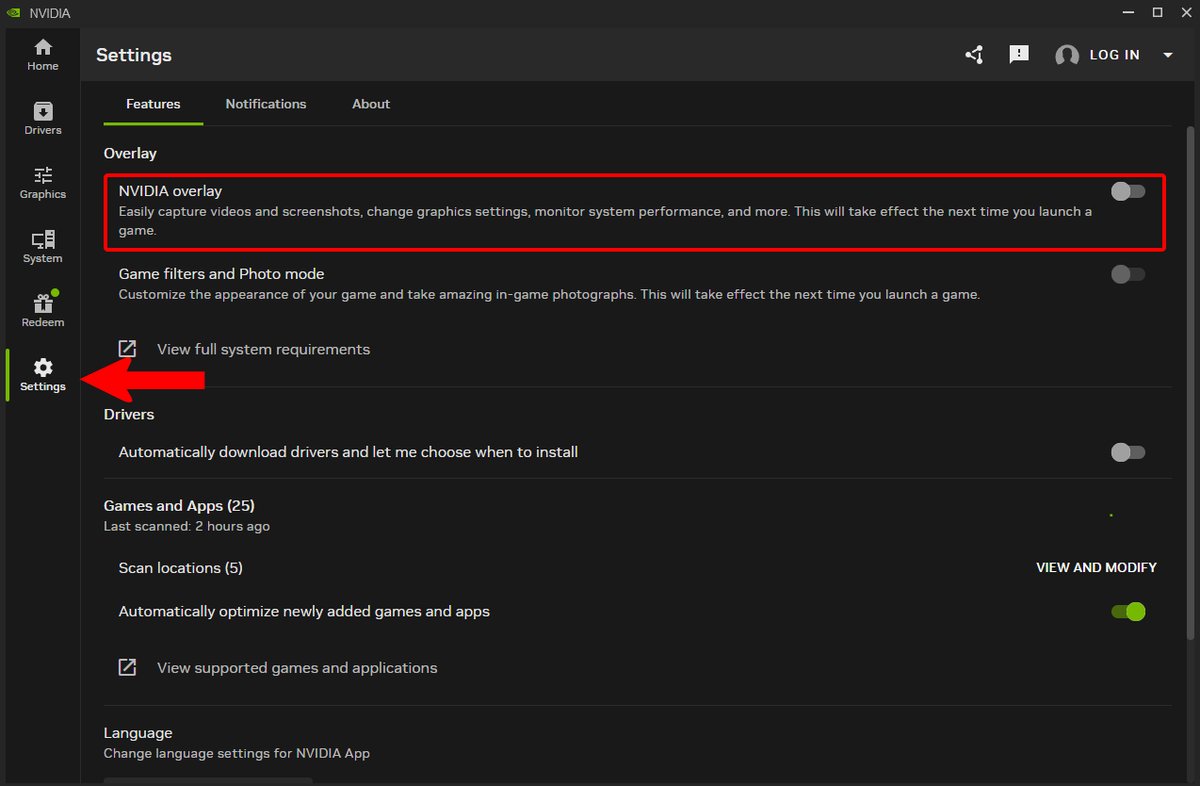 COMP_READY's tweet image. 🚨 INSTANT FPS BOOST 🚨

Open the NVIDIA App and click "Settings"
Under the "Features" tab, toggle "NVIDIA Overlay" off 🙌