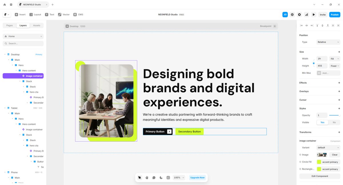 its_obare's tweet photo. Building a hero section for a creative studio website in Framer.

Image on the left, story + CTA on the right.

Still refining spacing and hierarchy, but liking the direction so far.

#Framer #WebDesign #BuildInPublic https://t.co/wAg6P8QMwc