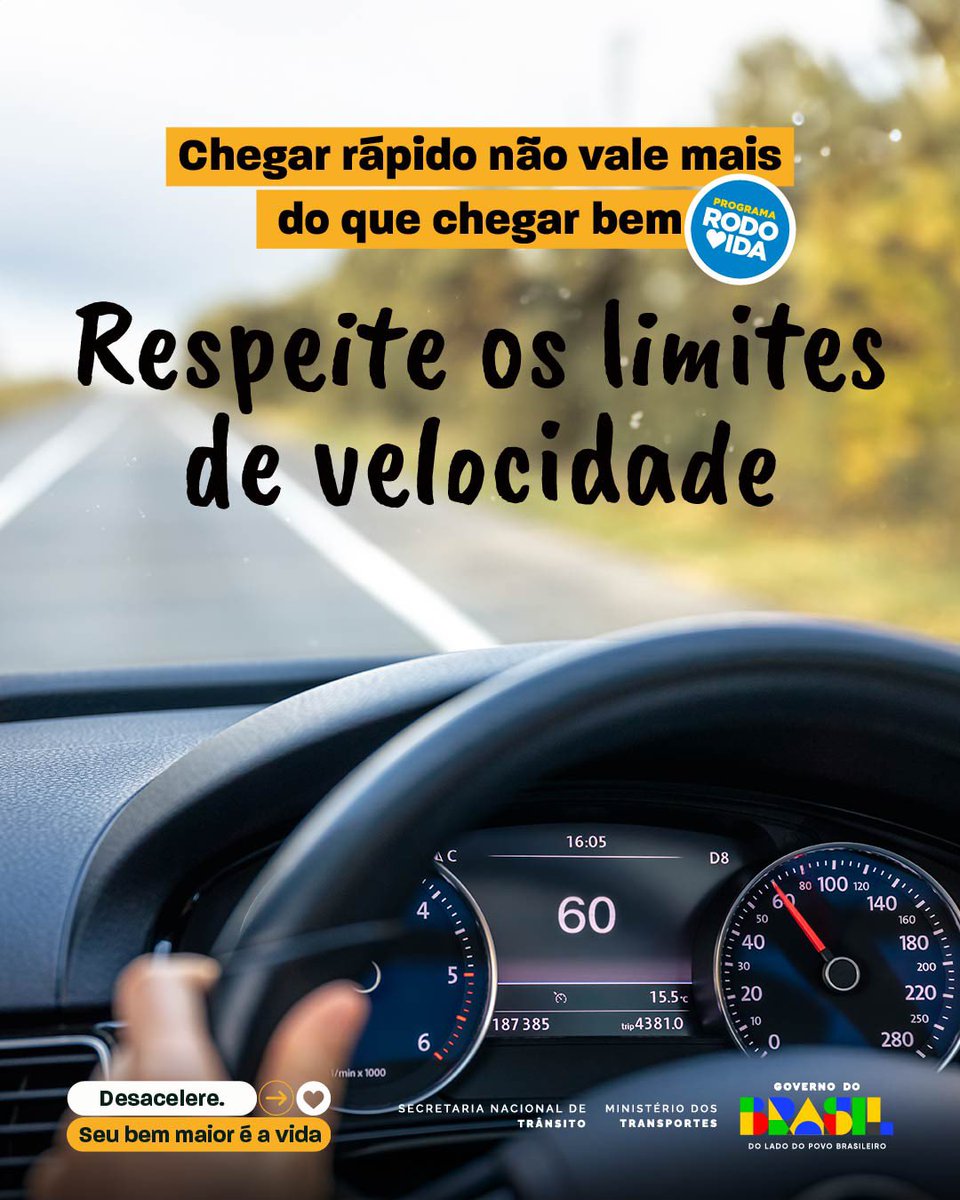 🚗⚠️ Chegar rápido não é mais importante do que chegar em segurança. 

Respeitar os limites de velocidade é um gesto de cuidado com você, com quem está no carro e com todos ao redor. Desacelere. Seu bem maior é a vida.