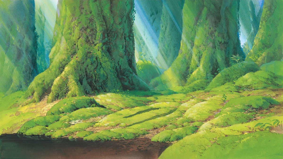 PhotoGhibli's tweet image. Background paintings for Princess Mononoke (1997) by Kazuo Oga