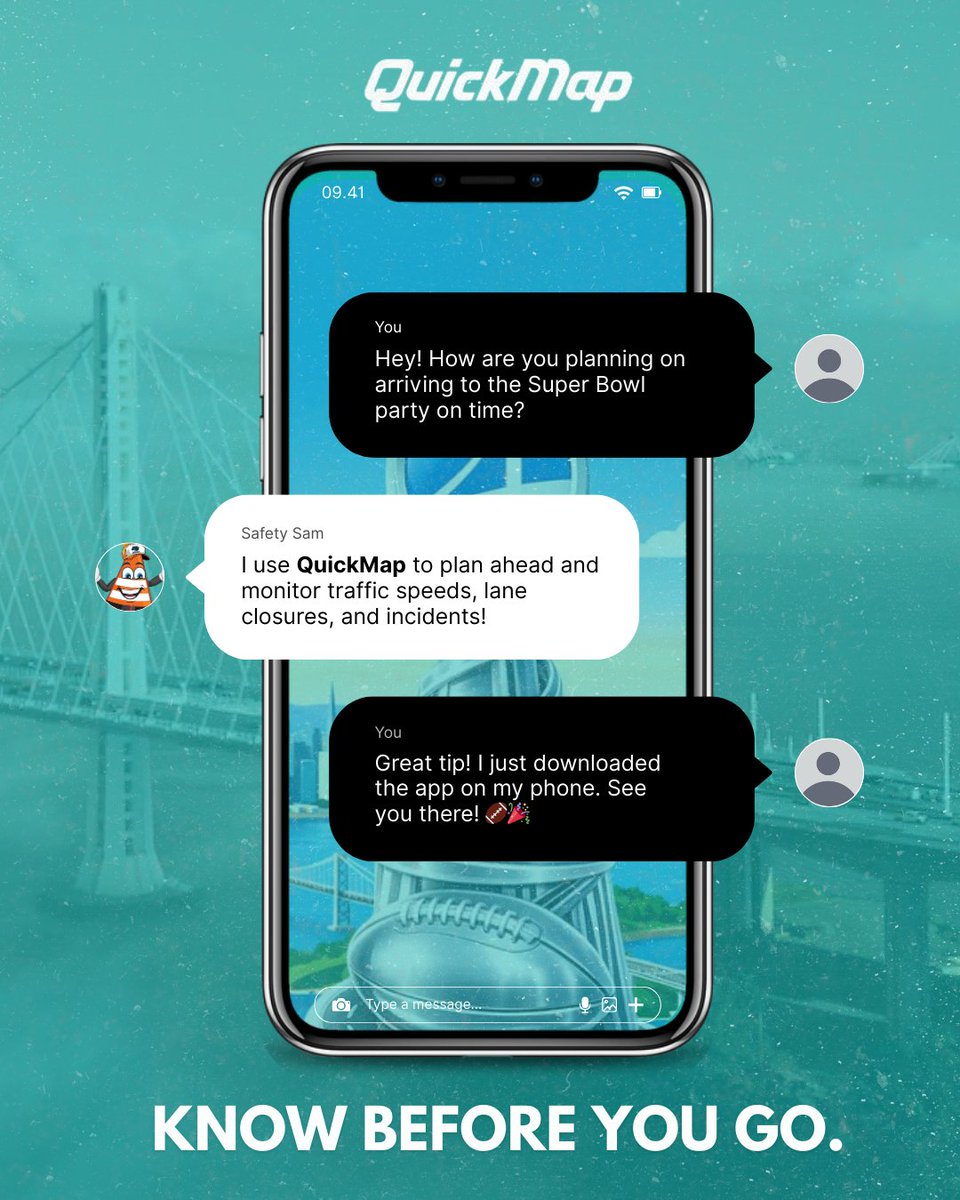 CaltransD4's tweet image. Before you hit the road this Super Bowl week 🏈📷Download the Caltrans QuickMap app for real-time traffic, closures, and incidents.   

Available on mobile and web: quickmap.dot.ca.gov 

Travel smart and stay safe! 

#Caltrans #QuickMap #SuperBowlWeek #BayAreaMoves