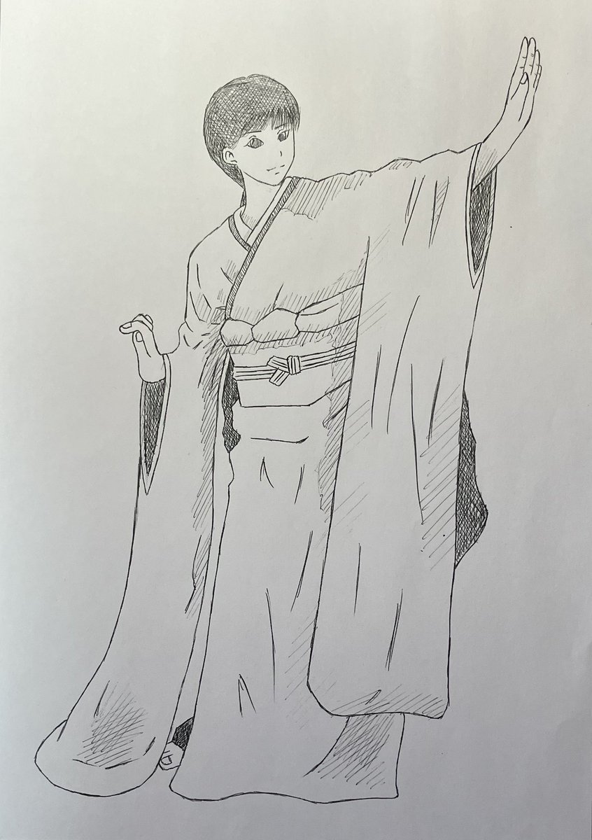 着物の女性(ポーズ参考あり)を、初めて描いてみた。昔絵だけど、大人に