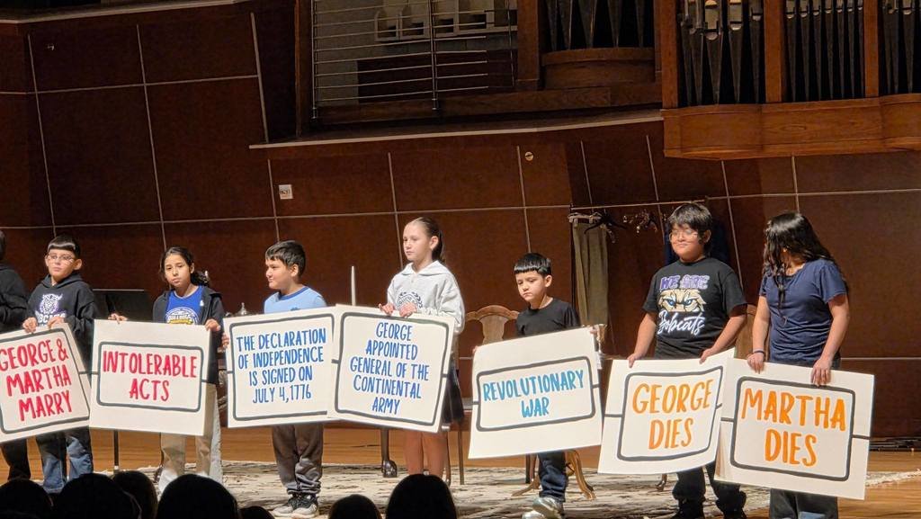JCMartinESLISD's tweet photo. Fourth-grade students attened the WBCA George Washington Theater Performance at TAMIU, experiencing history in an engaging way. 💙💛🐾 #lisdistheplacetobe https://t.co/yOhTUfy3vM