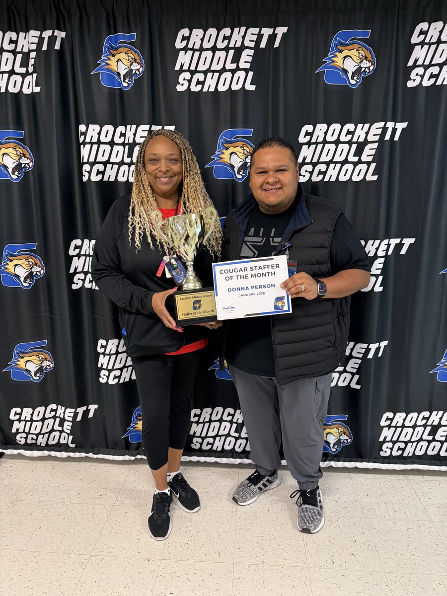 Congratulations to Ms. Donna Person our Cougar Staffer of the Month for January 2026! Thanks for all that you do for our AMAZING <a href="/Crockett_MS/">Crockett MS</a> students, parents, teachers, and staff! We are PROUD to have you on our TEAM! #WhateverItTakes #ExcellenceInAction