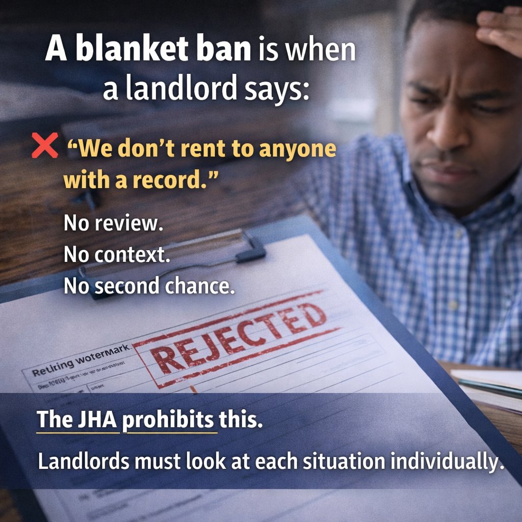 FairHousingCLC's tweet photo. Did you know that in Cook County, a criminal record cannot be used as a blanket ban on your housing application? The Just Housing Amendment (JHA), in effect since 2019, ensures that housing decisions must be based on an individualized assessment rather than automatic exclusion. https://t.co/2LESfmWzWW