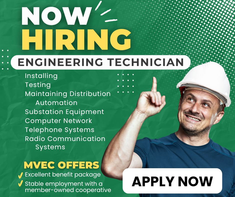 WE'RE HIRING! We are seeking an individual to join the MVEC team as a Engineering Technician. This is a full-time position working from our Anamosa office. MVEC offers competitive salary and excellent benefits; paid time off ; and retirement benefits. mvec.coop/employment