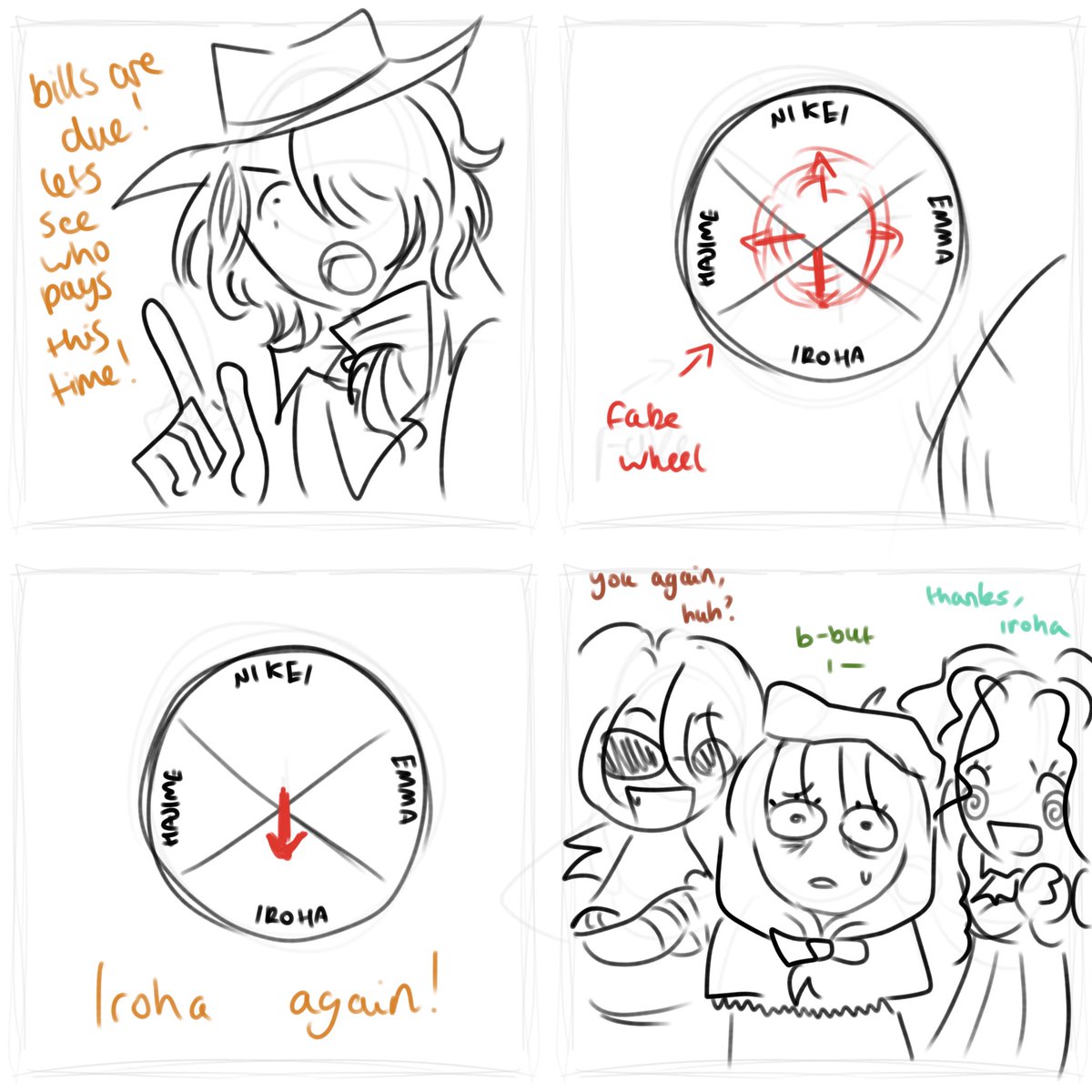 Nebsxolotl's tweet image. this came to me ina dream.  iroha is always the one paying. the ‘wheel’ is made out of paper from her sketchbook
#sdra2