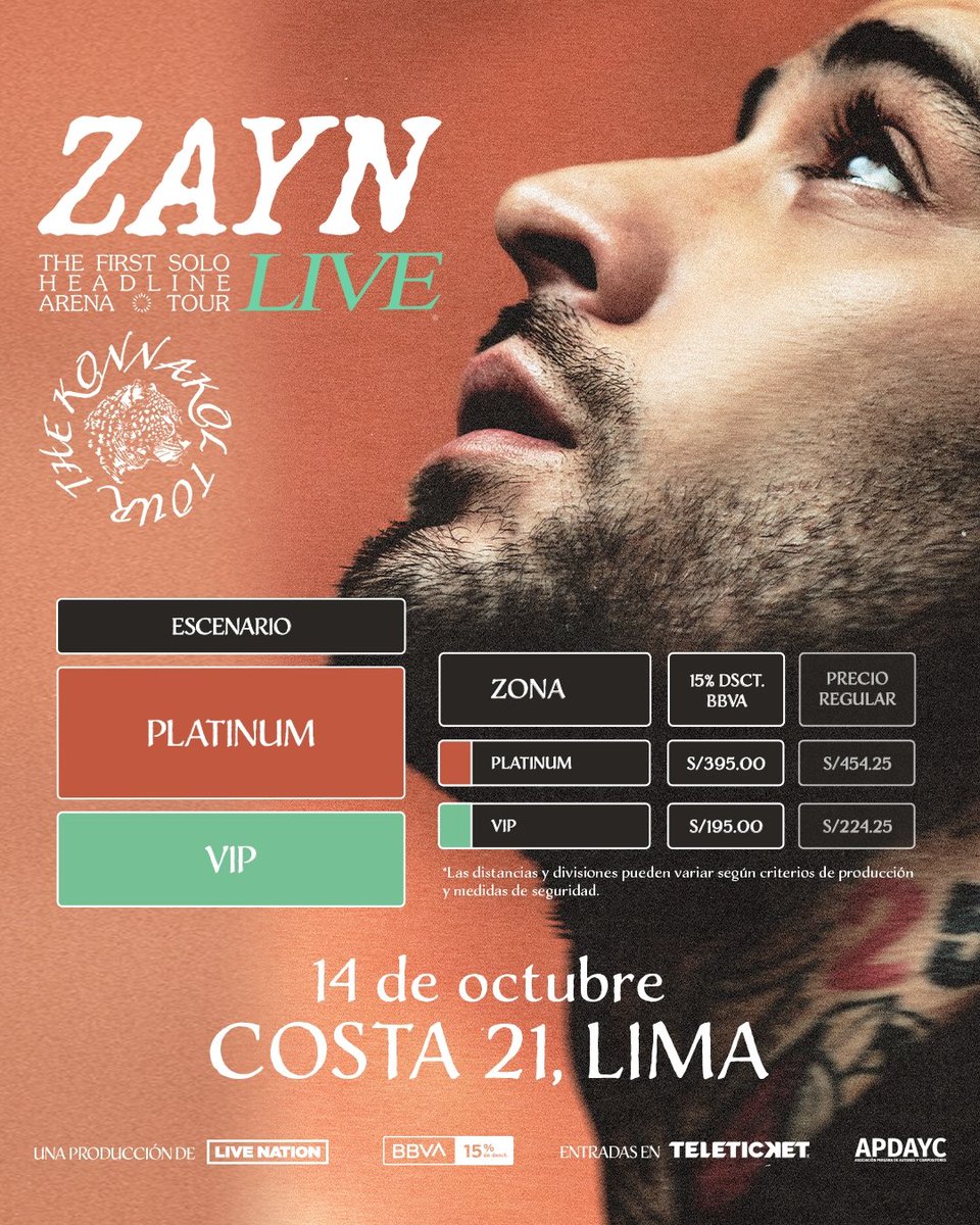 📣 Precios y zonas: ZAYN, The Konnakol Tour, en Costa 21 este 14 de octubre.

🎟️ Preventa BBVA 15% de descuento: miércoles 11 de febrero, 10 a.m. en <a href="/teleticketperu/">Teleticket</a>
🎟️ Venta general: viernes 13 de febrero, 10 a.m.