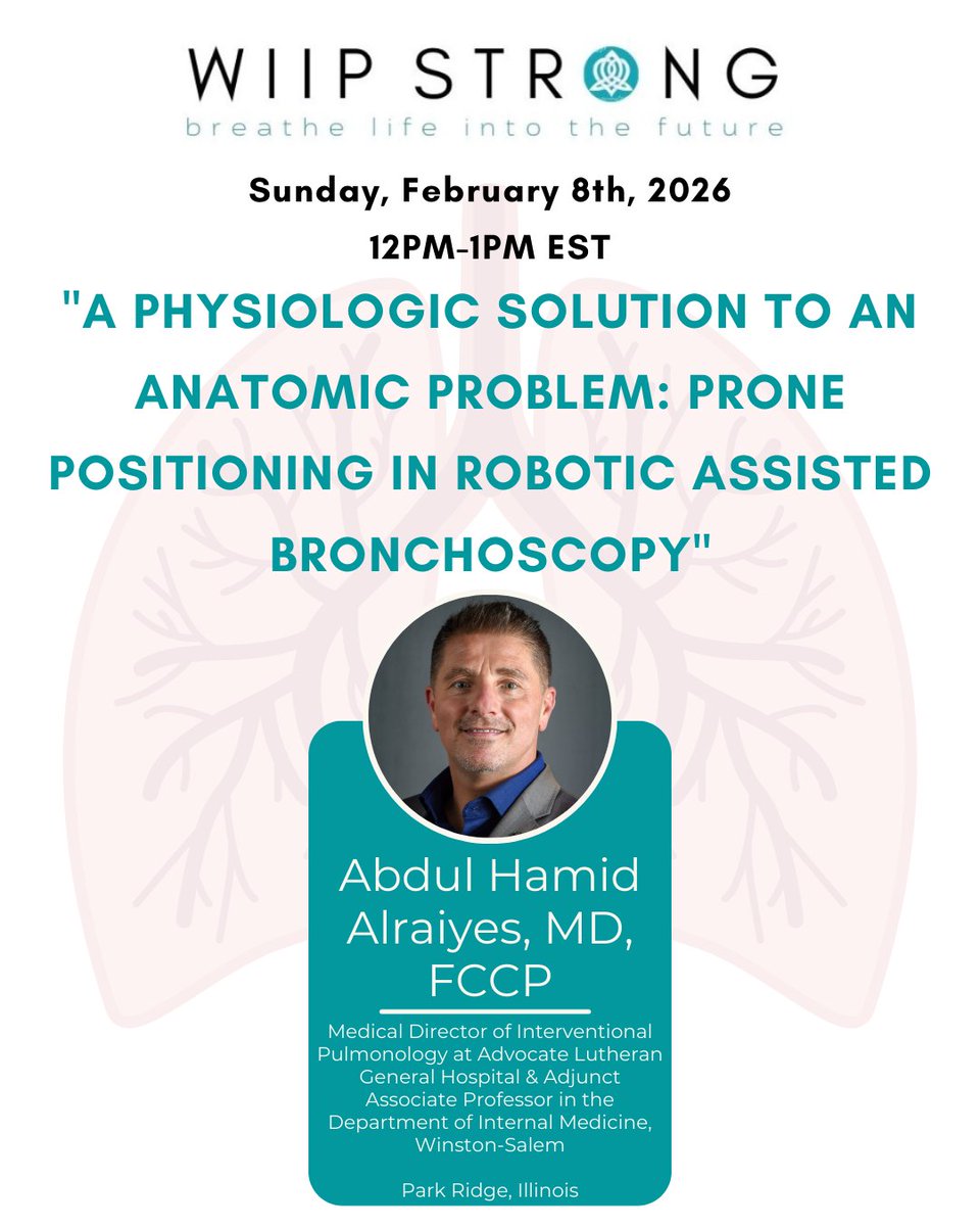 WiIP_WomeninIP's tweet photo. We’re excited to welcome Abdul Hamid Alraiyes, MD, FCCP for an engaging discussion on “A Physiologic Solution to an Anatomic Problem: Prone Positioning in Robotic Assisted Bronchoscopy.”
Topic reference: https://t.co/m3yGrFFJ4w
Register now: https://t.co/i8cWznXoWc
#WiIPstrong https://t.co/oiFZoceb87