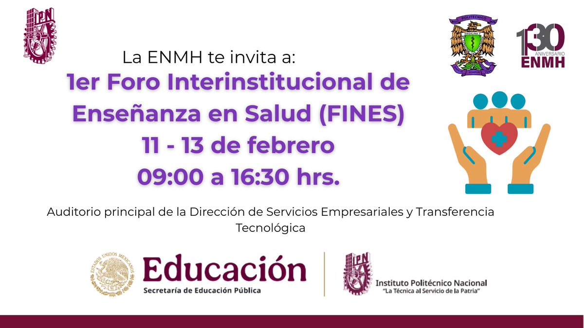 ENMH_Oficial's tweet photo. Te invitamos a ser parte del “1er Foro Interinstitucional de Enseñanza en Salud” este 11, 12 y 13 de febrero. 

Lugar: DSETT, IPN
Horario: 9:00 a 16:30

Regístrate en 👉 https://t.co/SNnc9zQDGp https://t.co/LXg12akLNx