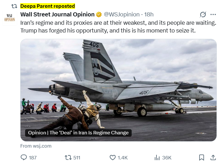 zei_squirrel's tweet image. this piece meticulously takes apart one of the key propaganda agents on Iran in the Western media class, Deepa Parent, who is funded by Iranian gusano billionaire CIA-Mossad asset Pierre Omidyar to fabricate and launder atrocity propaganda on Iran. Here she is advocating for war: