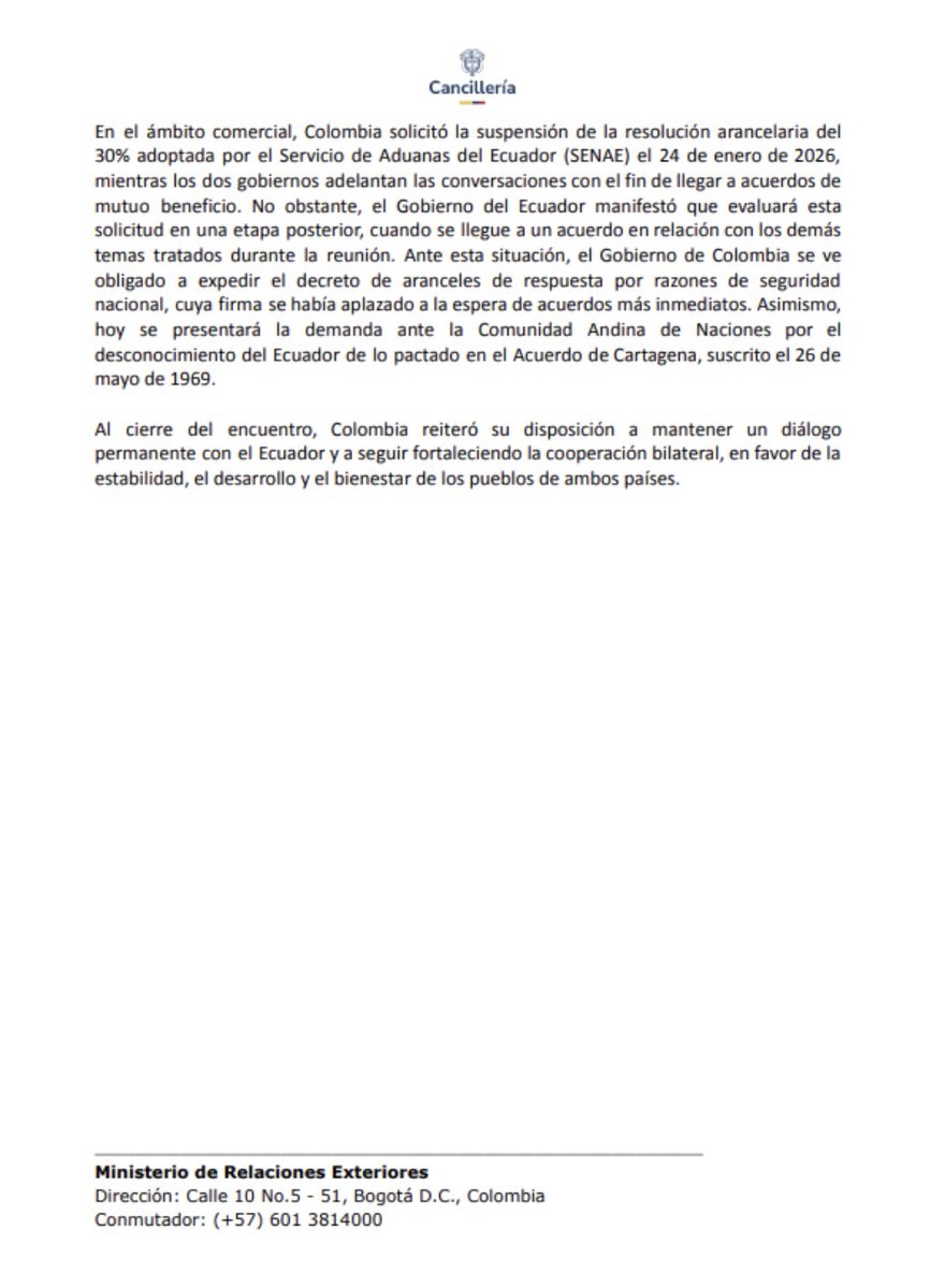 Para el análisis de la comunicación estratégica, gubernamental y política⬇️

La diferencia entre el escueto comunicado de la Cancillería de Ecuador vs los detalles más integrales que incluye el de la Cancillería de Colombia.

En nuestro país, la información oficial llega a