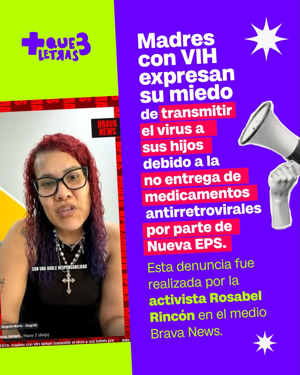 BravaNewsco's tweet photo. MEDICAMENTOS PARA EL VIH: En BRAVA News en alianza con Más que Tres Letras analizamos el drama de las madres con VIH que temen transmitir el virus a sus bebés debido a la no entrega de medicamentos (Antirretrovirales) por parte de la Nueva EPS. @MiguelAngelopez @RosabelRincon https://t.co/Q6BdJhG8Tc