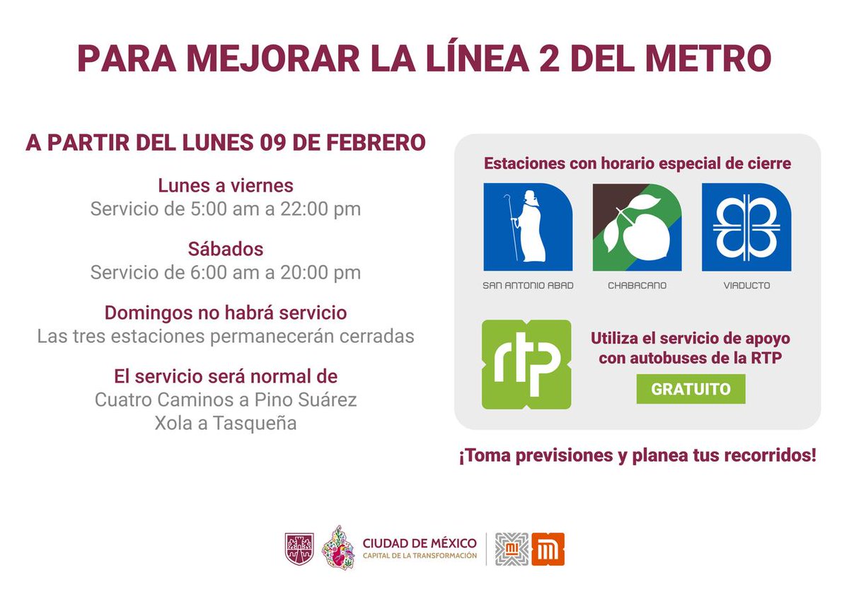 #AvisoMetro: Para optimizar la operación de la Línea 2, a partir del lunes 9 de febrero se implementarán horarios especiales en algunas estaciones.
San Antonio Abad, Chabacano y Viaducto cerrarán anticipadamente entre semana y sábado, y no brindarán servicio los domingos.
El