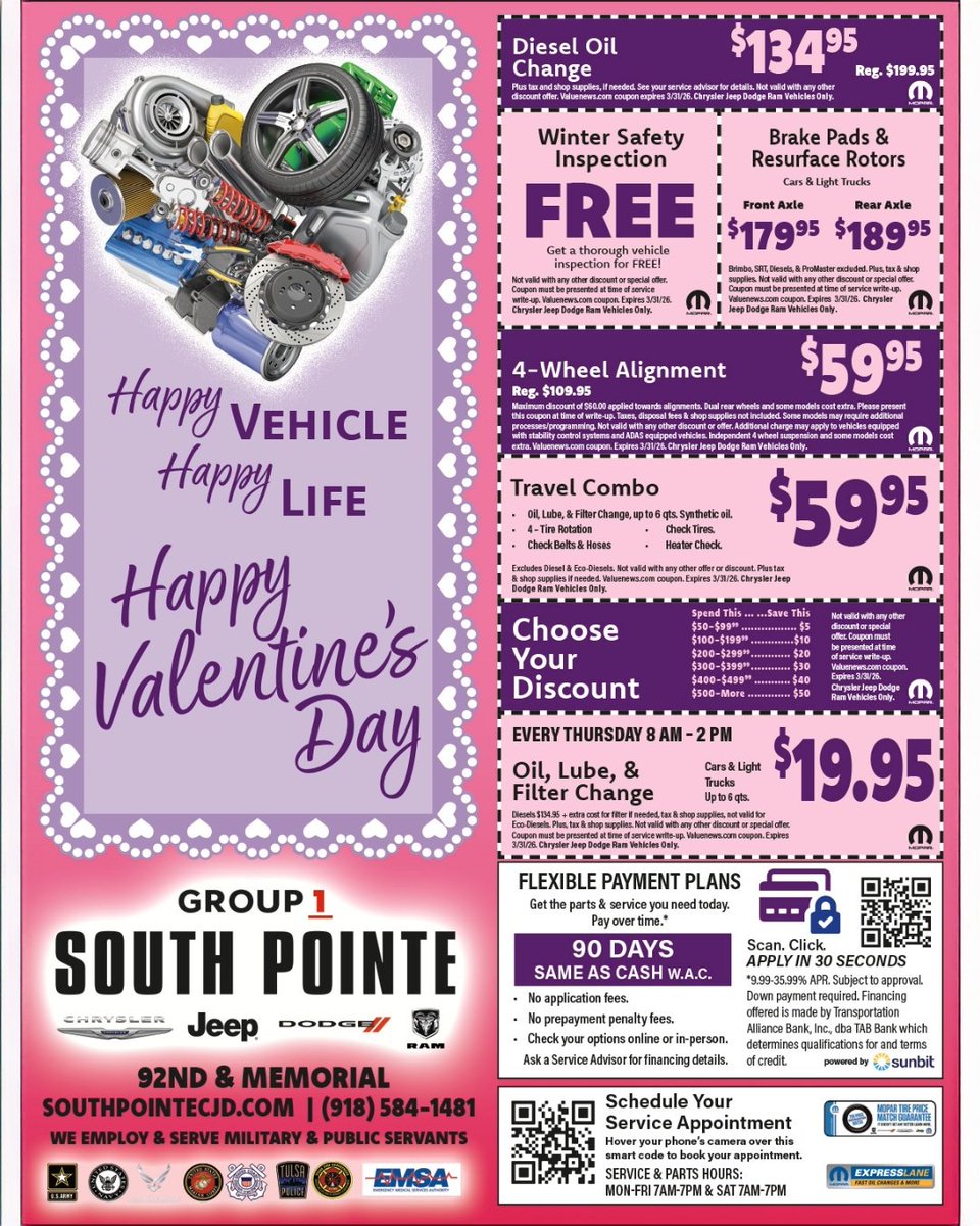 valuenewsvalues's tweet image. Group 1 South Pointe Chrysler Jeep Dodge RAM provides flexible financing options that allow customers to get needed parts and service today and pay over time.

#autoservice #coupons

valuenews.com/free-coupons-d…
