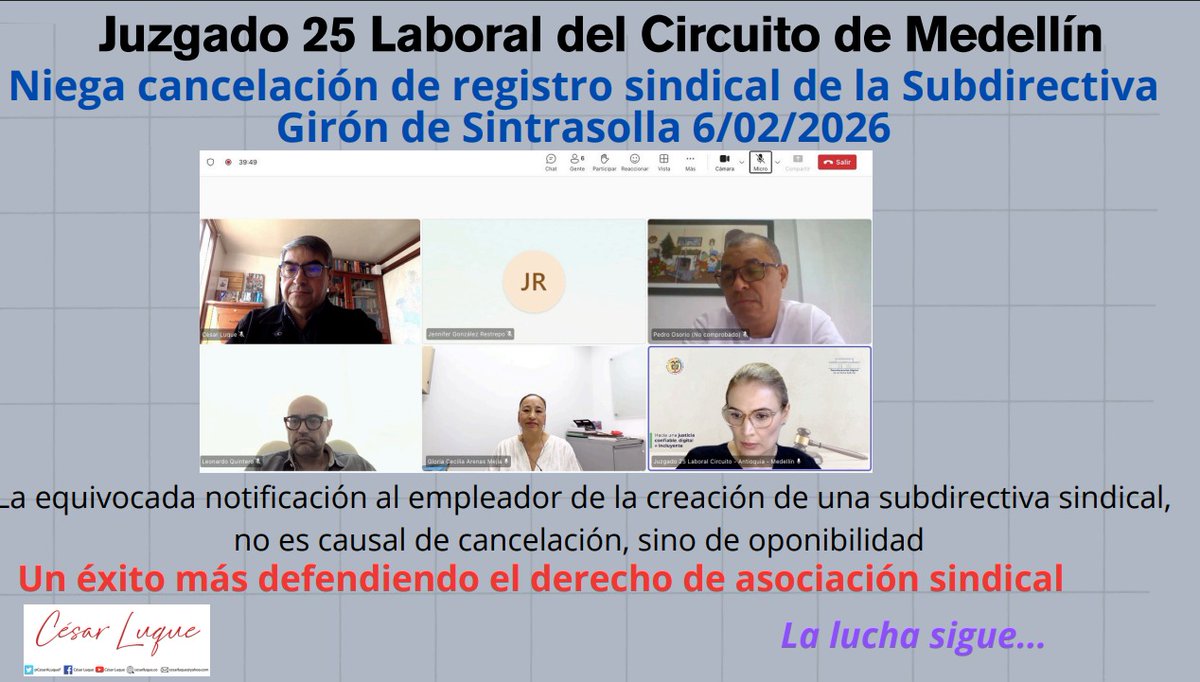 CesarALuqueF's tweet photo. La empresa Solla pretende golpear al sindicato, por eso demandó la creación de las subdirectivas que hicieron en diciembre de 2024, Guadalajara de Buga, Bello y Girón.

Hoy adelantamos el juicio respecto de la de Girón, donde le fue negada la pretensión a la empresa, empresa que ve como el sindicato crece, que además logró un bueno laudo arbitral para sus afiliados, y no va a ser en el terreno jurídico, donde va a desmotivar a los trabajadores para que no se afilien. 

Mi reconocimiento a Sintrasolla, un placer representarlos, destacar ese proceso de crecimiento, invitando a los trabajadores de esa importante empresa a afiliarse. 

Pronto vienen más noticias para los trabajadores del sector de los alimentos para humanos y animales. La lucha sigue...