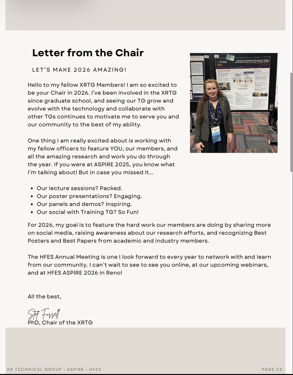 HFES_XRTG's tweet photo. The XRTG January 2026 Newsletter is now available.
This issue introduces our 2026 officers, shares HFES ASPIRE 2026 deadlines, and calls for reviewers to support upcoming submissions.
Learn how to get involved through webinars, the XR Showcase, and other XRTG activities. https://t.co/75xsAoa10b