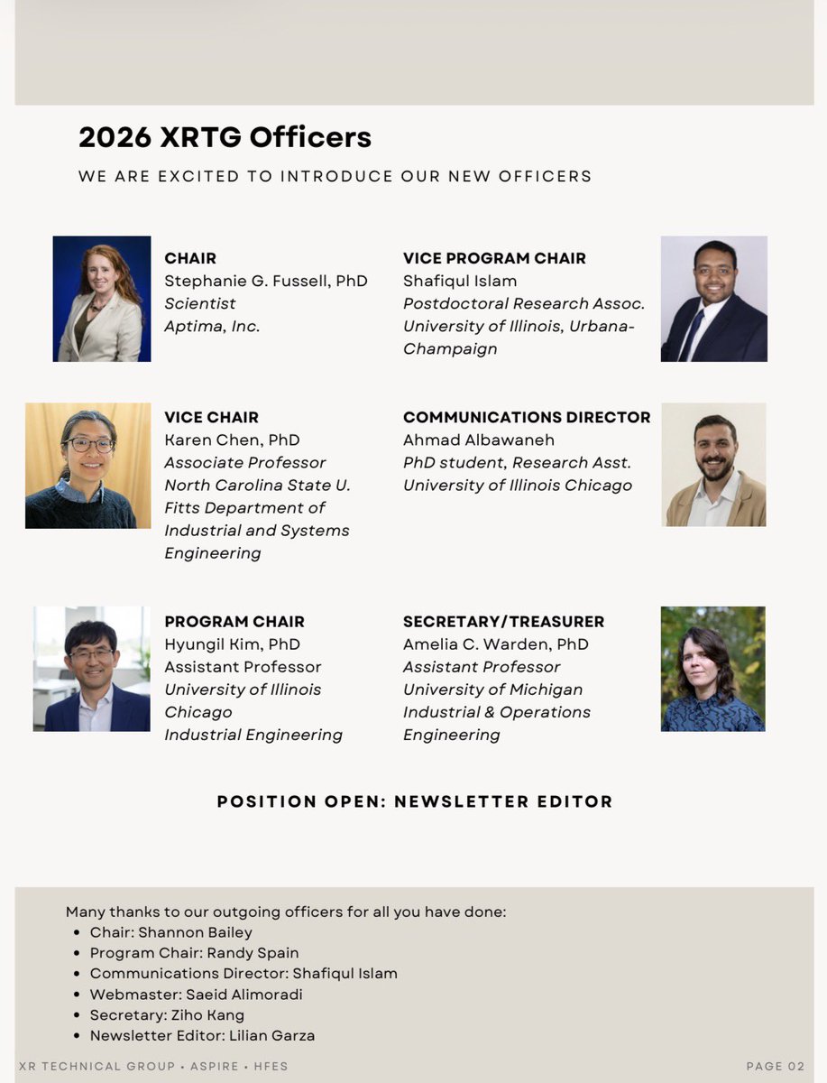 HFES_XRTG's tweet photo. The XRTG January 2026 Newsletter is now available.
This issue introduces our 2026 officers, shares HFES ASPIRE 2026 deadlines, and calls for reviewers to support upcoming submissions.
Learn how to get involved through webinars, the XR Showcase, and other XRTG activities. https://t.co/75xsAoa10b