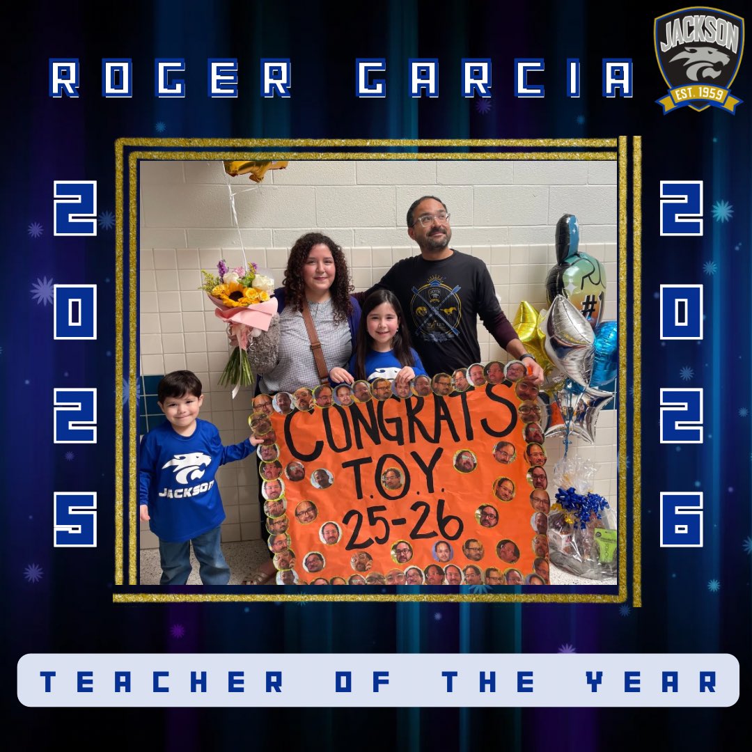 Jackson Elementary is proud to announce that Mr. Roger Garcia has been named our 2025–2026 Teacher of the Year! 🌟📚
Thank you, Mr. Garcia, for your dedication, passion, and commitment to our Jaguars each and every day.

💙🐆 Congratulations, Teacher of the Year! 🐆💛