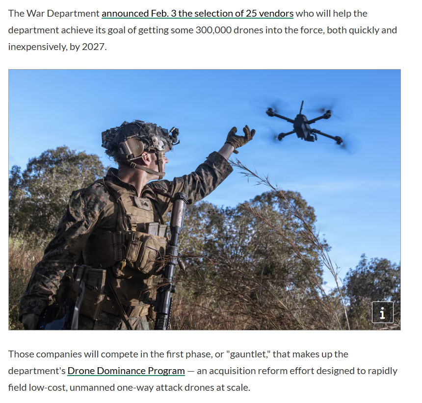 Unclestocknotes's tweet photo. 戰爭部的新聞，確認「無人機主宰計畫 (Drone Dominance Program)」執行細節與殘酷的魷魚遊戲。25 家廠商進去，只有 5 家能活著拿到最後的 30 萬台大單。

戰爭部 (Department of War) 正式宣布：「無人機主宰計畫」第一階段 (Phase I) 已選定 25 家供應商，代號 "The Gauntlet" (試煉)。
1. 在 2026 年交付數萬台，並在 2027 年達到 30 萬台 的部署規模。這比之前市場預估的量還要大一個數量級。
2. 價格屠殺：$5,000 → $2,300
戰爭部要求，隨著產量從 3 萬台增加到 15 萬台，單價必須從 $5,000 美元 降至 $2,300 美元。
3. 殘酷淘汰制：25 → 12 → 5
經過四輪試煉後，只有 12 家能進入量產，最後只有 5 家能成為核心供應商 (Prime Vendors)。

這對新創公司 (#RCAT , #ONDS , #KTOS ) 是超級利多。

只要確認晉級第二輪（12 強），股價就會噴出。
關注 2026 年 7 月： 新聞暗示 7 月會有第一批 30,000 台的交付目標。

(免責聲明：本文僅為政策解讀與產業分析，不構成投資建議。投資有風險，請獨立判斷。)