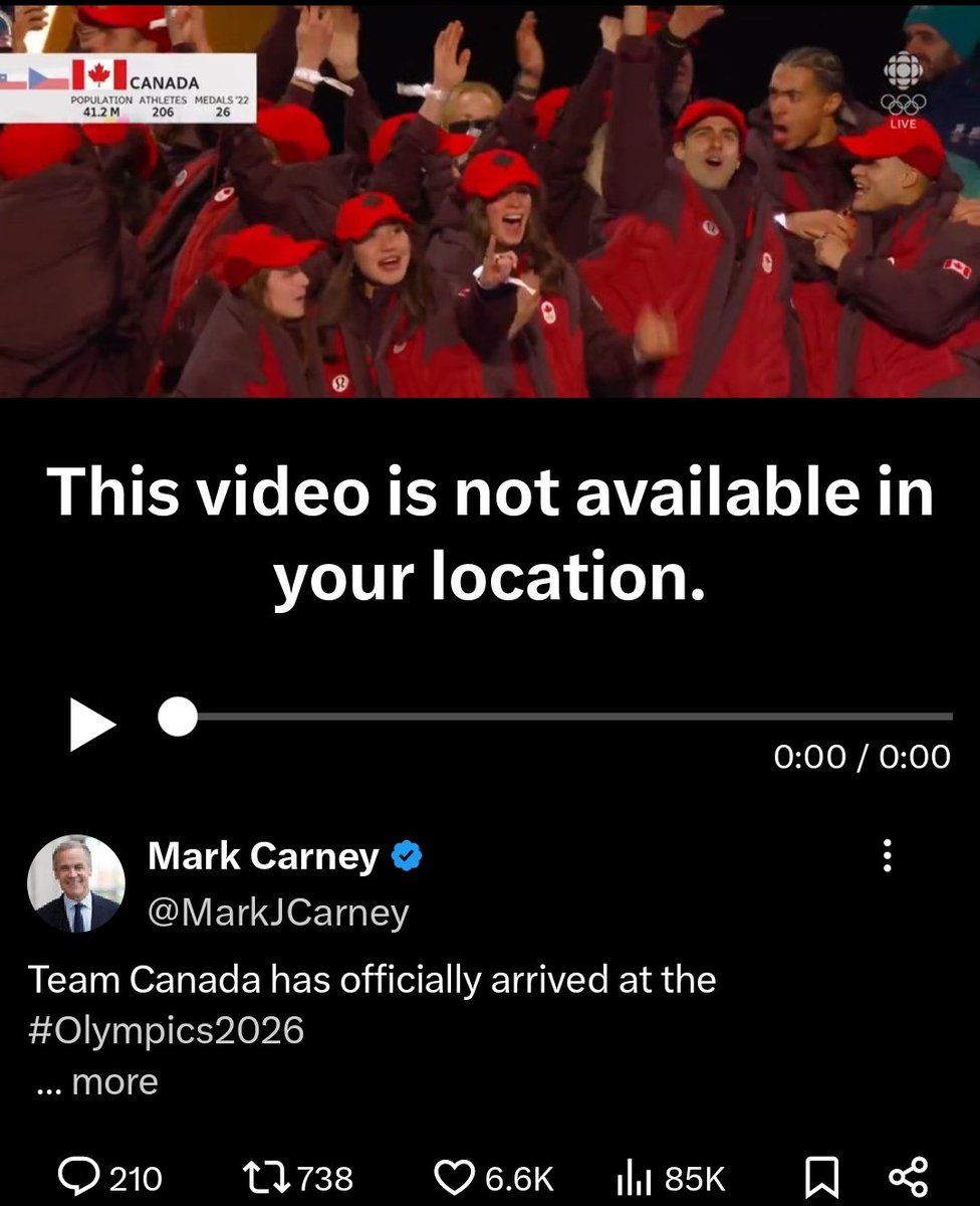 NotUGST's tweet image. Lmao video isn't available when using an American up address 

fucking pathetic, Canadians being happy? No no. We can't have that hide it.