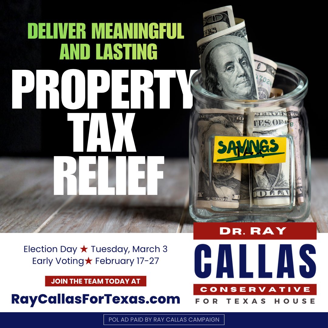 RayCallas4TX's tweet photo. Property tax relief is top of mind for many Texans. As your next state representative, I will support bold policies that deliver lasting and meaningful property tax relief.

That includes forcing local governments to cut spending to authorized use and empowering all taxpayers, not politicians, to set the tax rate. The key piece will be cutting state spending to eliminate school property taxes statewide. 

I look forward to fighting for these relief policies and more as your State Representative for HD 21! #txlege