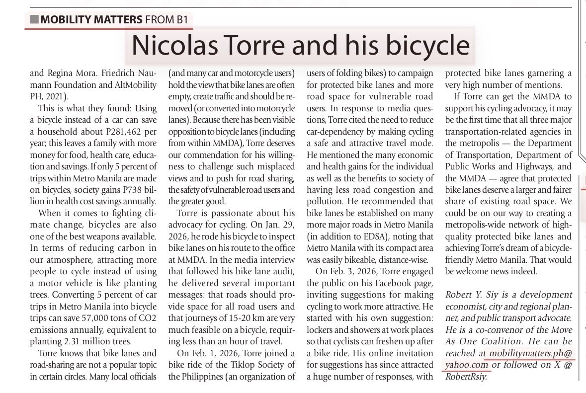 MMDA General Manager Nicolas Torre has already done more to raise public understanding of the viability of bicycles as daily transport than any other Filipino public official.     manilatimes.net/2026/02/07/bus…