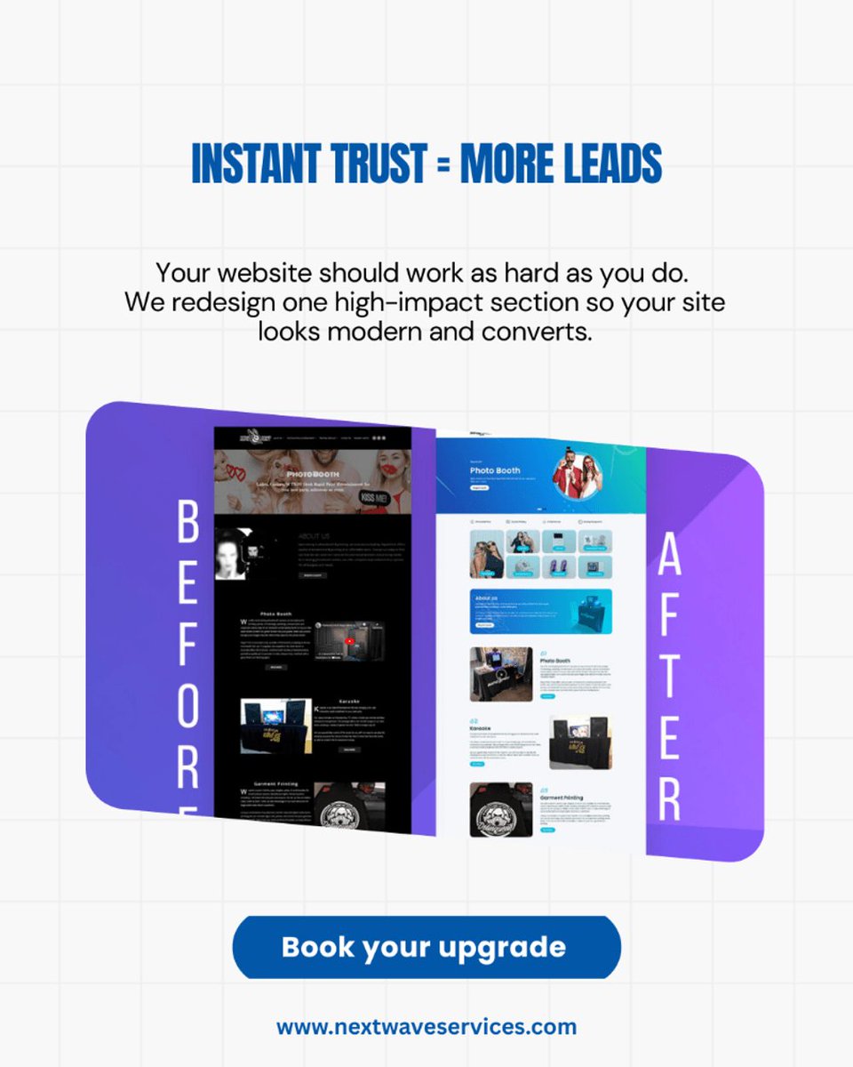 nextwaveassist1's tweet photo. If your site feels outdated, you don’t need a full rebuild.
Start with one high-impact section (hero/CTA/services).
Cleaner design = more trust + more conversions.
#DigitalMarketing #ConversionRateOptimization
☎️ Book your free consultation today: https://t.co/SBIyHSeeGs https://t.co/9eEJpmbKFg