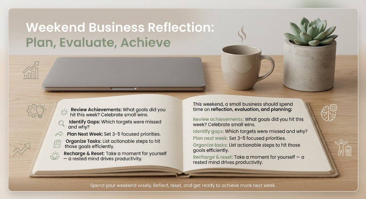 PrimebizCons's tweet image. Weekends are for reflection, not just rest.

#WeeklyPlanning #WeeklyReset #BusinessReflection #PrimebizConsulting #WorkSmarter
@PrimebizCons