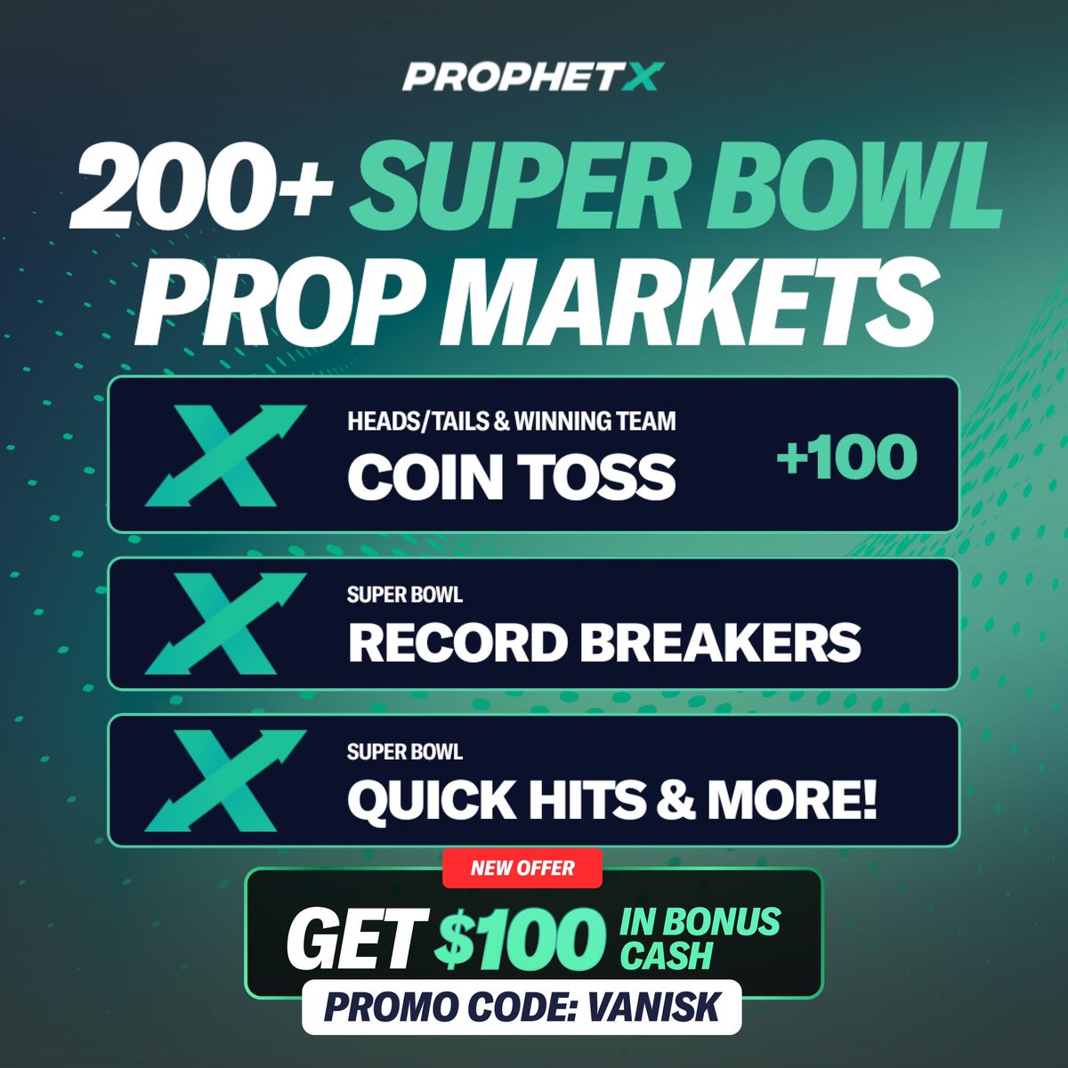vanisk's tweet image. Plenty of props available for Super Bowl over on ProphetX! 🏈

Quit leaving money on the table and get the BEST odds across all books

Use my link to get $100 in Bonus ✅

prophetx.onelink.me/E5Yi/VANISK