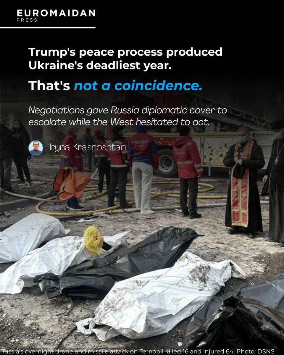 Russia killed more civilians in 2025 than any year since the full-scale invasion — all under Trump's "peace process."

Deaths up 31% from 2024. 147 drones per night. Both rounds of Abu Dhabi talks accompanied by massive strikes on civilian infrastructure.

"Why has Trump's year