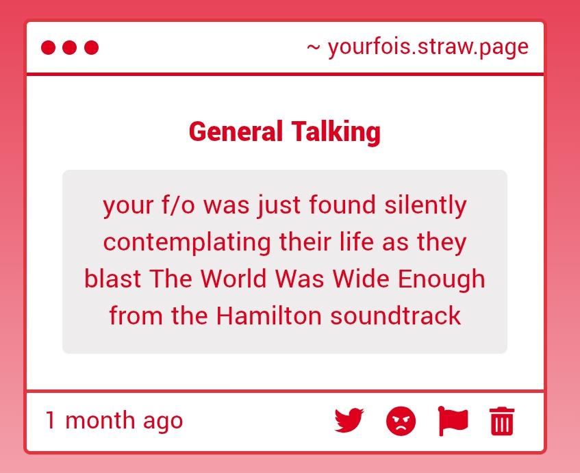 YourFO_Is's tweet photo. 📻 🎶  • Prompt! — 

Your F/O was...just found silently contemplating their life as they blast The World Was Wide Enough from the Hamilton soundtrack! https://t.co/4diLbbVbFt