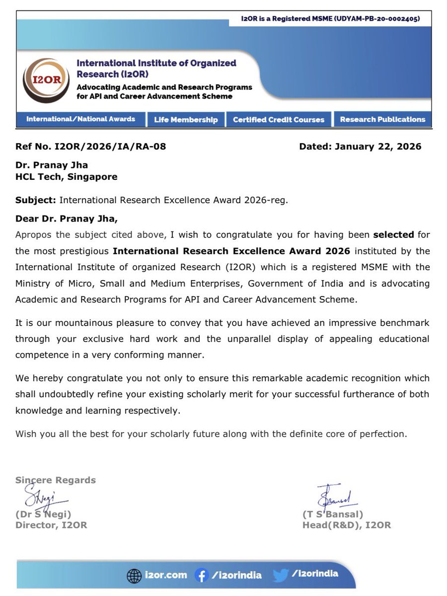 Grateful to receive the International Research Excellence Award 2026 from International Institute of Organized Research (I2OR).

Balancing academic research alongside a professional career has strengthened my discipline, time management, and curiosity for continuous learning. 🧑🏻‍💻