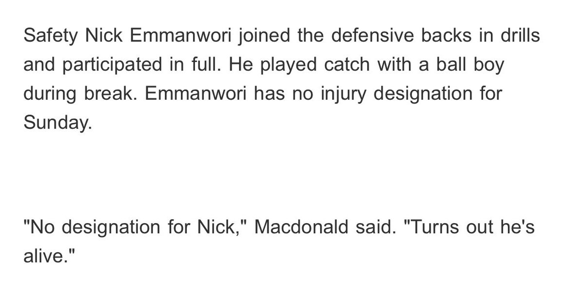 AlbertBreer's tweet photo. The @Seahawks have taken S Nick Emmanwori off the injury report all together. He practiced in full. Big news for Seattle.

From pool reporter ⁦@kalynkahler⁩ … https://t.co/aYkTuj4kxH