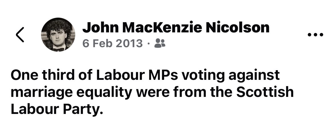Thirteen years ago today: one third of Labour MPs who voted against gay marriage in England were Scottish Labour MPs.  #LGBT