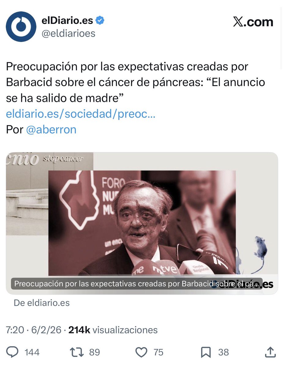 amadeolandero's tweet photo. Es repugnante ver cómo funciona la maquinaria de fango del sanchismo. En cuanto se viraliza que el Gobierno gasta 28M€ en Broncano pero no encuentra financiación para la cura del cáncer de Barbacid, sus terminales mediáticas (El País, elDiario) reciben la orden de atacar.

De repente, para ellos el problema no es que falte dinero, sino que "solo son ratones" o que "hay intereses empresariales". Qué "casualidad" esta sincronización para desprestigiar a un científico mundial justo cuando sus recortes quedan en evidencia.

No es rigor periodístico, es control de daños para proteger a Sánchez. Intentan matar al mensajero porque la verdad es insoportable: 

En España hay dinero de sobra, pero el Gobierno prefiere gastarlo en su circo mediático antes que en salvar vidas.

Todo mi apoyo a Mariano Barbacid. La ciencia no se toca para tapar vuestras vergüenzas. 🇪🇸🔬

#TeamBarbacid #GobiernoDeEspaña #Prioridades #CáncerDePáncreas