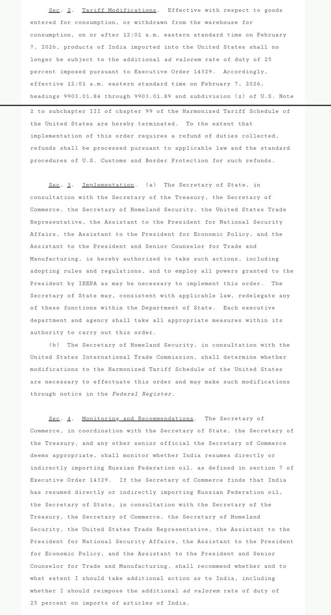 sidhant's tweet image. Breaking: TRUMP ROLLS BACK 50% TARIFFS ON INDIA, SIGNS ORDER THAT REDUCES IT TO 18%

ORDER COPY