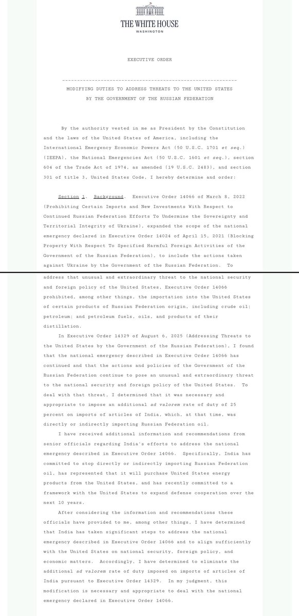 sidhant's tweet image. Breaking: TRUMP ROLLS BACK 50% TARIFFS ON INDIA, SIGNS ORDER THAT REDUCES IT TO 18%

ORDER COPY