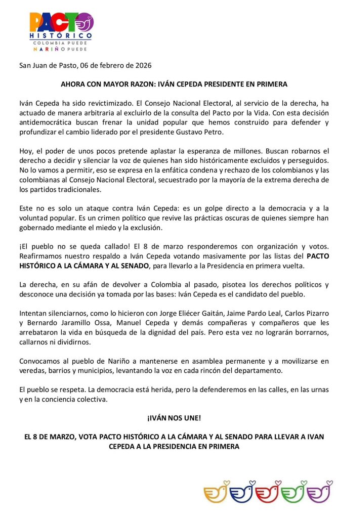 Comunicado del Pacto Histórico Nariño

AHORA CON MAYOR RAZÓN: IVÁN CEPEDA PRESIDENTE EN PRIMERA ✊🏼