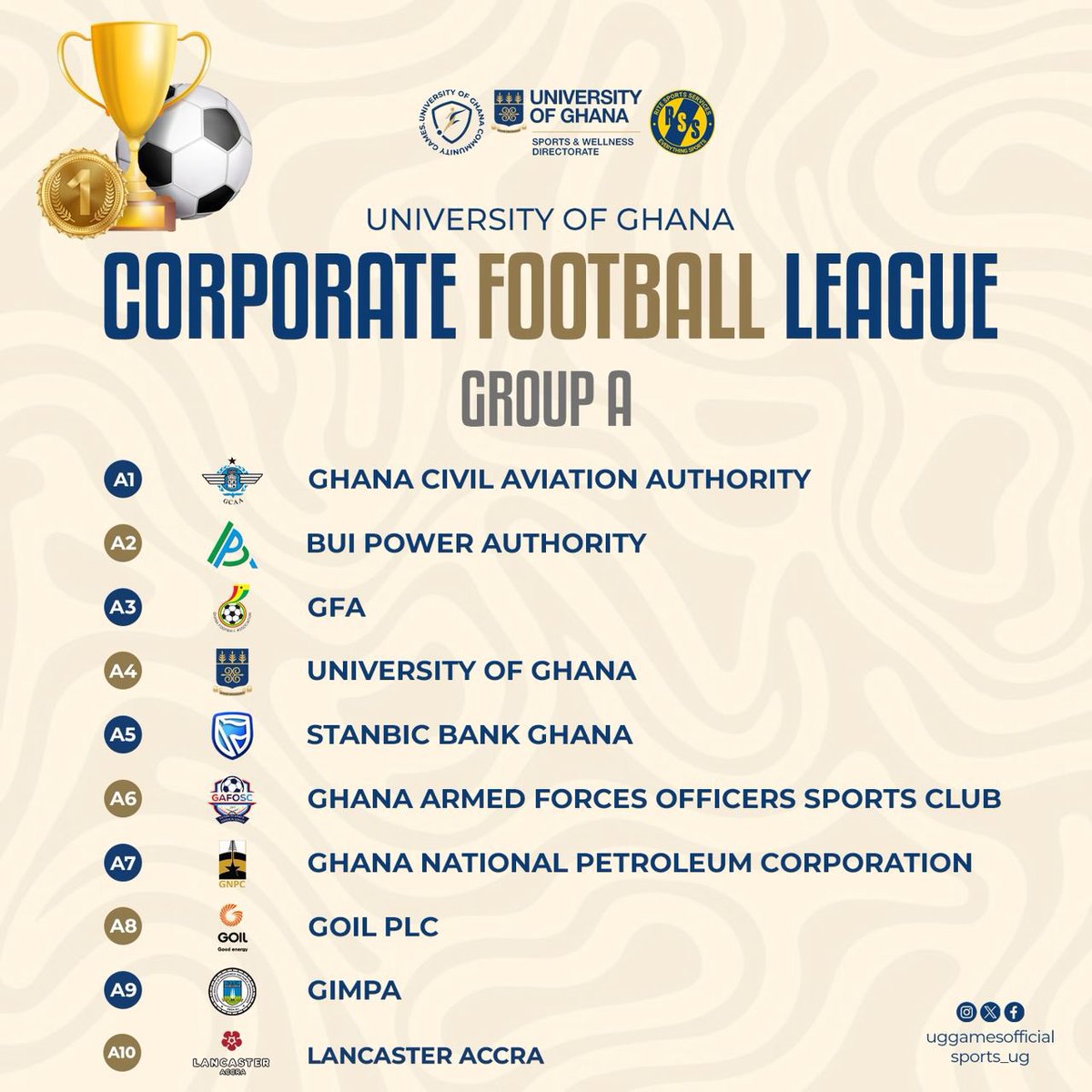 uggamesofficial's tweet image. Group tables for the 2026 UG Corporate Football League.
#ugcorporatefootballleague #ugcfl26
